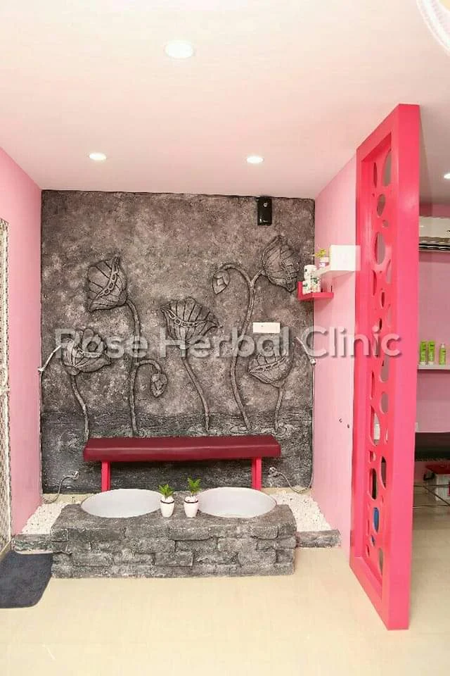 Stone-garden pedicure corner with floral relief wall